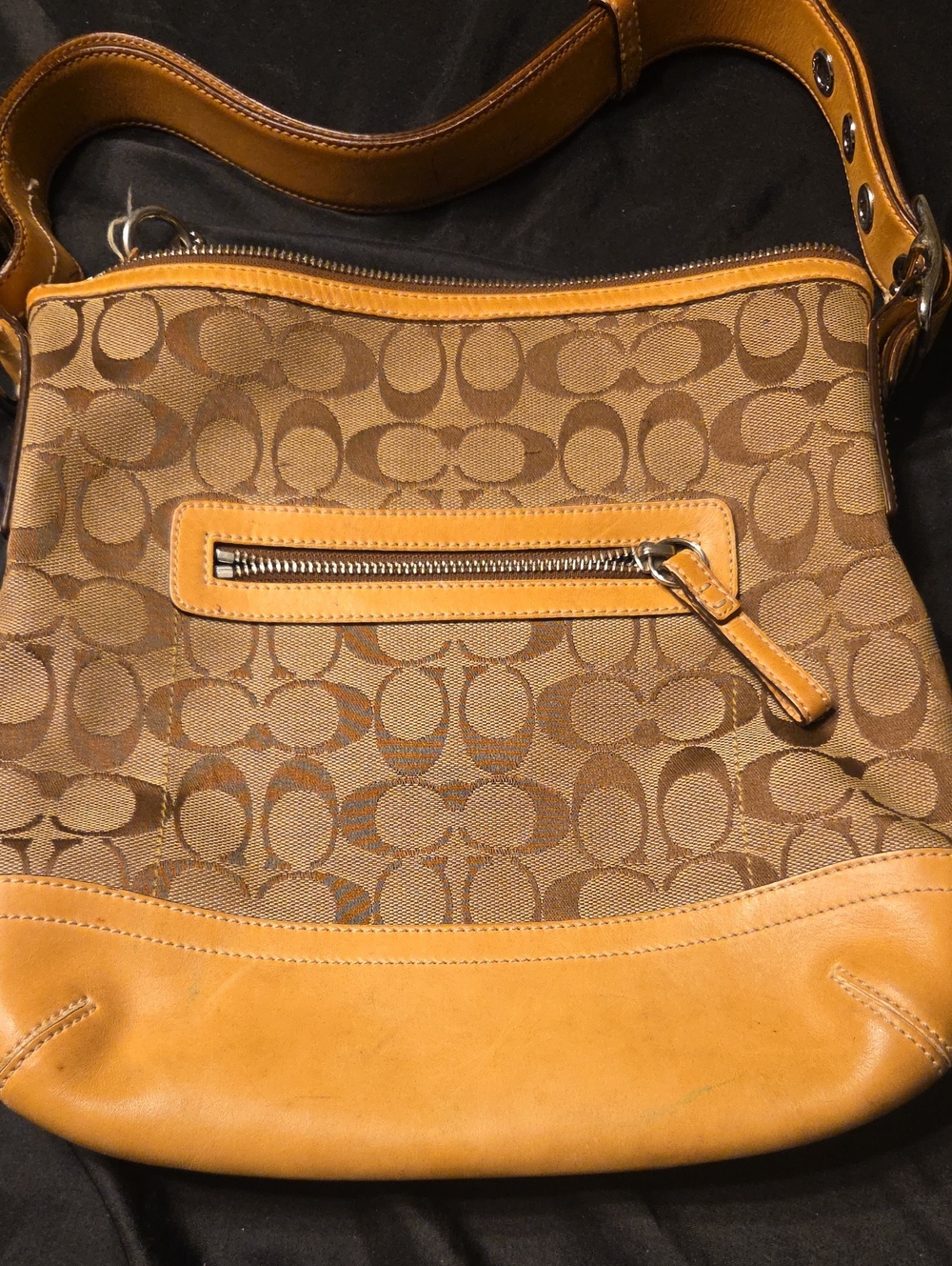 Coach Brown Signature Canvas Shoulder Bag with Tan Leather Trim